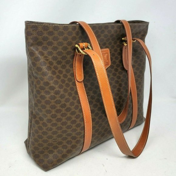 Vintage Celine Triomphe Canvas Brown Leather Medium Shoulder Tote Hand Bag Auth - Picture 5 of 13